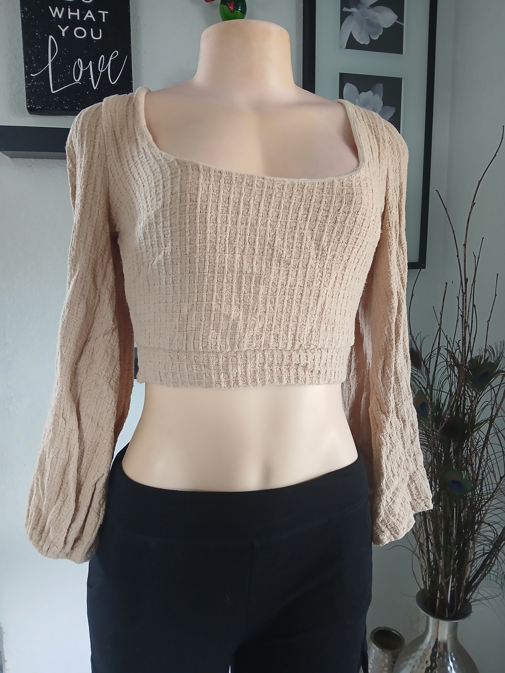 Square-Neck Beige Smocked Long-Sleeve Crop Top - Women